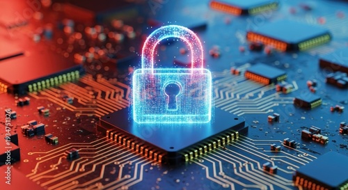 Digital security illuminated padlock on computer chip data protection concept