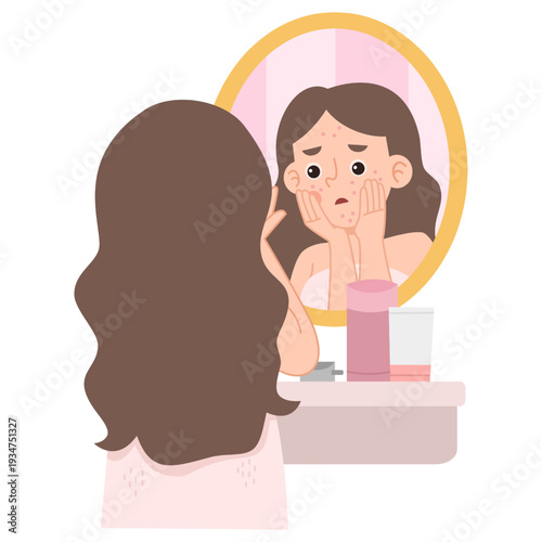 Woman Concerned About Acne In Mirror