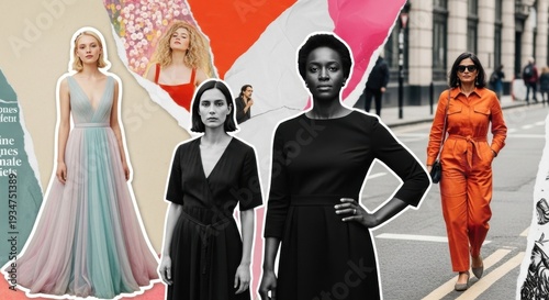 Fashion collage of diverse women editorial and street style portraits for magazine layout banner and poster design