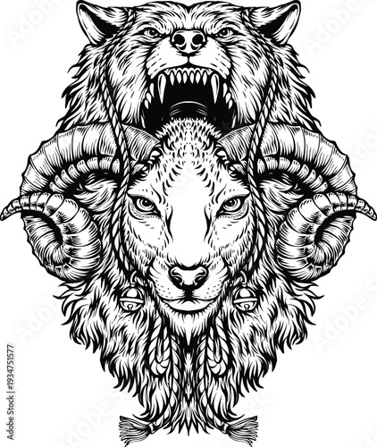 Wolf and Ram Head Illustration