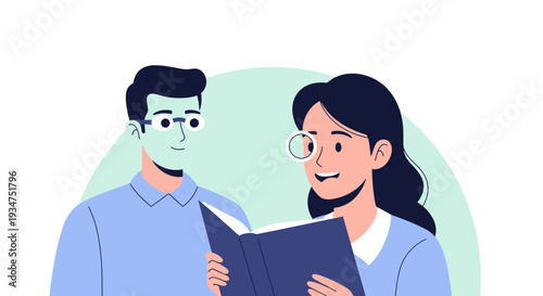 Illustration Of A Man And A Woman Sharing And Enjoying Reading A Book Together