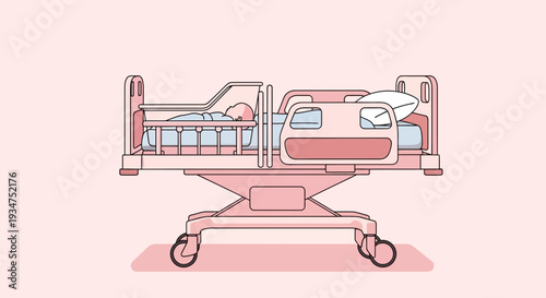 Illustration Of A Newborn Baby Sleeping In A Hospital Bed In Soft Pastel Tones