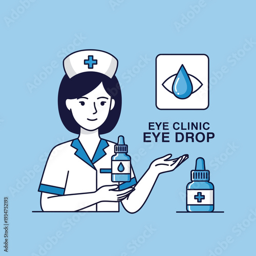 Illustration Of A Nurse Holding Eye Drops Representing Eye Clinic, Healthcare, And Medical Care