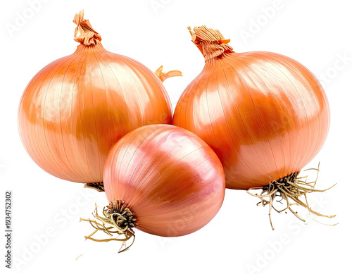 Wallpaper Mural Three fresh, whole, golden-brown onions with visible roots and papery skins Torontodigital.ca