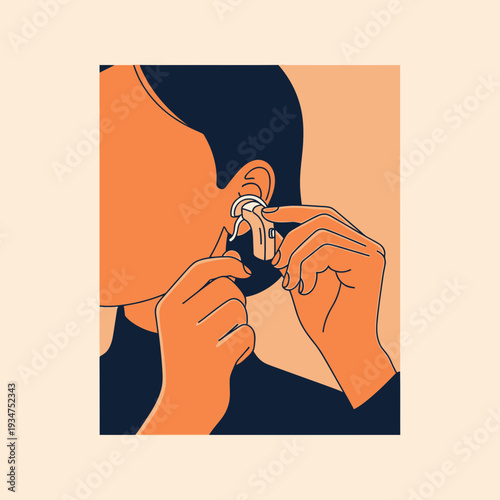 Illustration Of A Person Inserting A Hearing Aid With Abstract Stylized Forms
