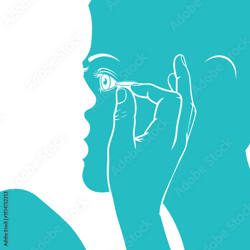Illustration Of A Person Inserting Contact Lens, Eye Care Vision Concept, Silhouette Style