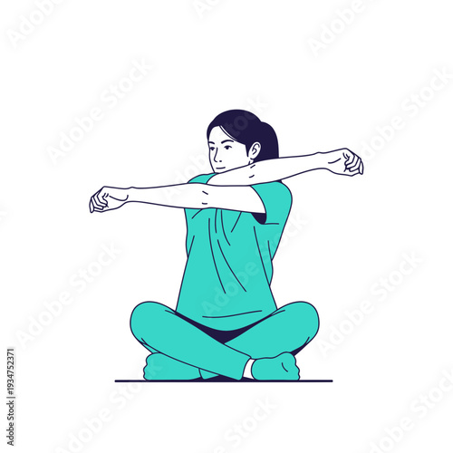 Illustration Of A Person Performing Arm Stretches While Seated In A Calm Cross-Legged Position