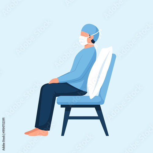 Illustration Of A Person Sitting Wearing Mask And Surgical Cap In A Medical Setting