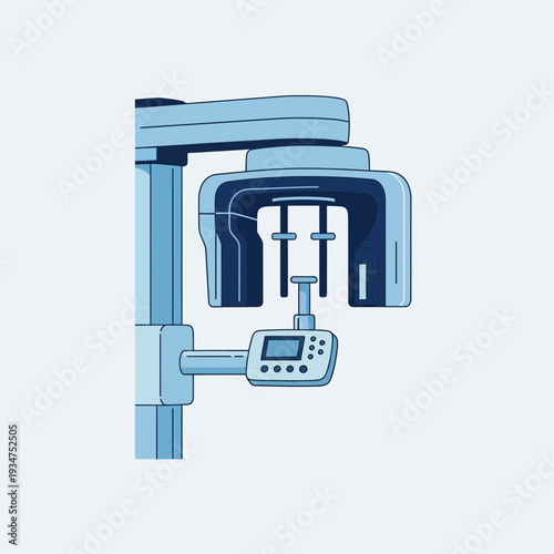 Illustration Of A Modern Dental X-Ray Machine Against A Pale Blue Backdrop Depicting Medical