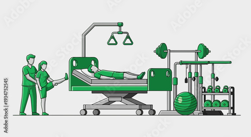 Illustration Of A Physiotherapy And Rehabilitation Process In A Hospital Setting