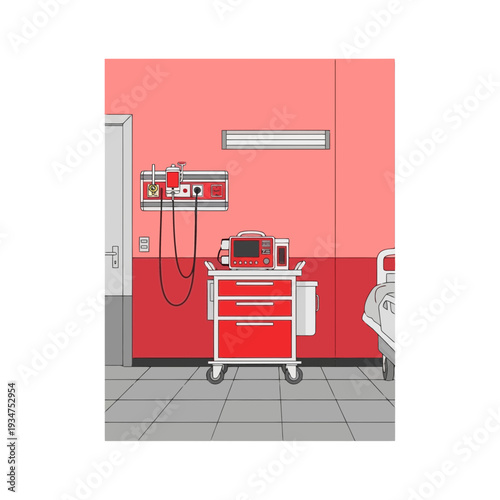 Illustration Of A Sterile Hospital Room Featuring Medical Equipment And A Bed For Patients Treatment
