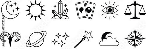 Mystical astrology and magic line icons set, moon sun crystals tarot eye scales isolated on white background