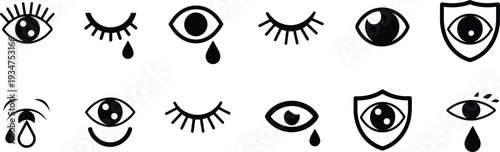 Crying eye and protection shield icons set, vision tears privacy symbols isolated on white background