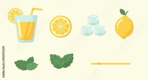 Fresh Lemonade with Mint and Ice Ingredients.