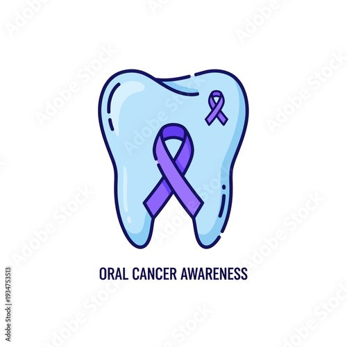 Illustration Of A Tooth With Purple Ribbon Signifying Oral Cancer Awareness Symbol