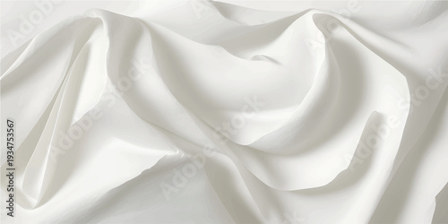 Luxurious white silk or satin fabric draped in elegant waves on a reflective marble floor, illuminated by soft sunlight, creating a serene and high-end abstract background texture.