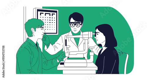 Illustration Of An Eye Doctor Examining A Patient's Vision With Medical Equipment