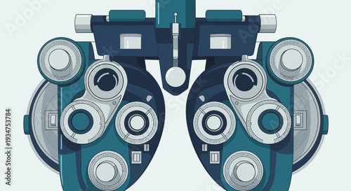 Illustration Of An Eye Exam Machine With A Minimalist Design In Teal And Gray Tones