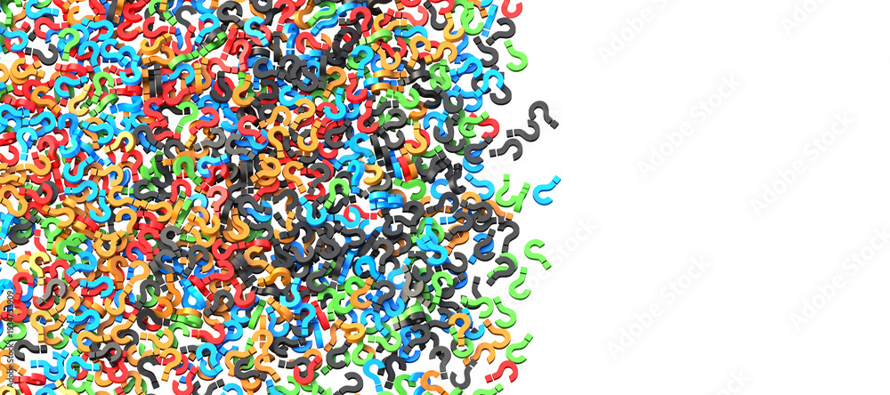 Obraz premium Colorful question marks on white background with empty space on right side. 3D Rendering
