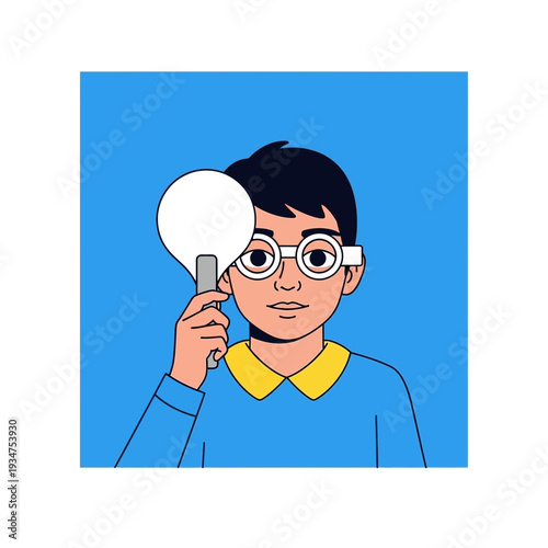 Illustration Of A Young Person With Eyeglasses Using A White Ocular Examination Tool
