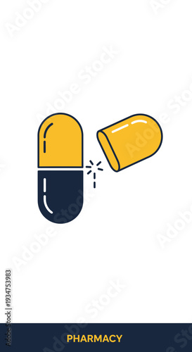 Illustration Of An Opened Yellow And Blue Capsule Showing Healing And Medical Solutions