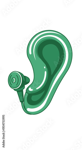 Illustration Of An Ear And Earphone In Green Depicting Auditory Devices And Hearing Aids