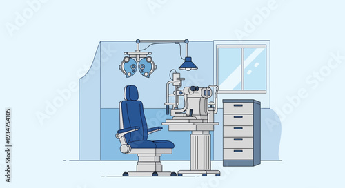 Illustration Of An Optometry Examination Room With Professional Medical Equipment Ready For Use