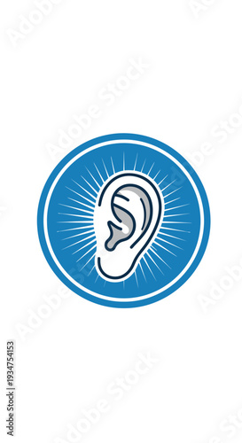 Illustration Of An Ear Inside A Circular Blue Emblem With Radial Lines, Hearing Symbol
