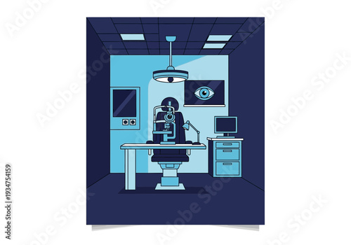 Illustration Of An Optometry Room With Medical Instruments, Visual Examination, And Diagnosis