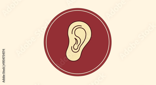 Illustration Of An Ear Inside A Red Circle Against A Light Beige Background Design