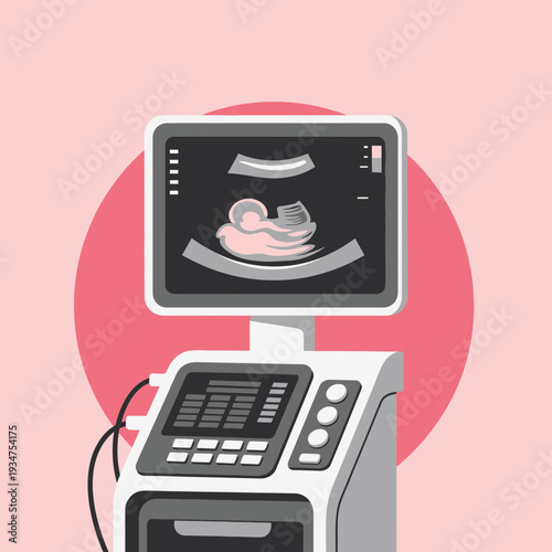 Illustration Of An Ultrasound Machine Displaying A Fetus Against A Pink Backdrop