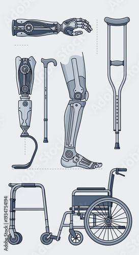 Illustration Of Assistive Technologies And Mobility Aids Depicting Modern Prosthetics And Support