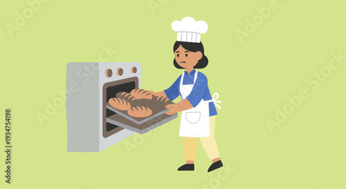 Baker woman placing bread into oven for baking.