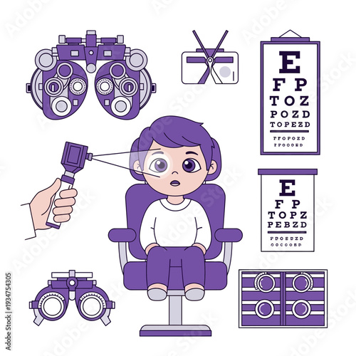 Illustration Of Child Eye Exam Equipment and Process with Purple Tones and Medical Concepts