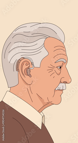 Illustration Of An Elderly Gentleman's Profile Featuring Hearing Aid Device And Gray Hair