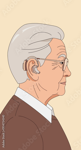 Illustration Of An Elderly Person Wearing A Hearing Aid Device For Better Hearing And Communication