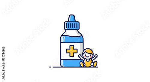 Illustration Of Child Next To Medicine Bottle Depicting Health and Wellbeing With a Cross