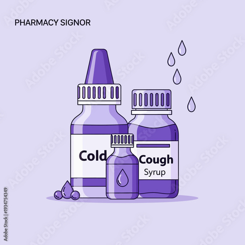 Illustration Of Cold And Cough Syrup Bottles With Minimalist Design And Vibrant Purple Tones