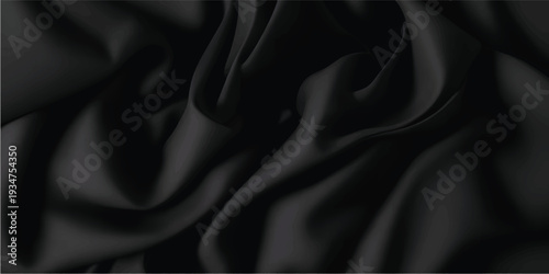 Luxurious black satin and silk fabric background with smooth flowing waves of soft purple and blue light creating a curved textile texture design