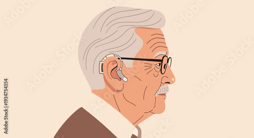 Illustration Of An Elderly Person Wearing Hearing Aid In Profile View