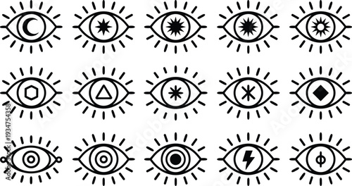 Mystical eye symbol icon set with geometric pupils, occult vision vector collection isolated on white background