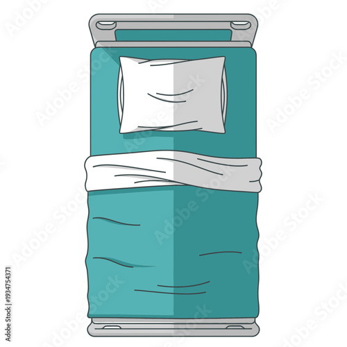 Illustration Of An Empty Bed With A Pillow And Turquoise Bedding Overhead View