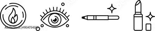 Beauty and cosmetic line icons set, flame, eye, eyeliner pencil and lipstick vector isolated on white background