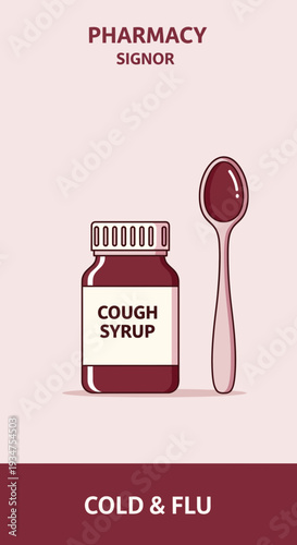 Illustration Of Cough Syrup And Spoon Depicting Relief From Cold and Flu Symptoms