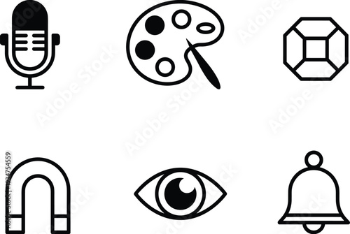 Microphone, artist palette, gemstone, magnet, eye and notification bell icons set, black outline vector isolated on white background