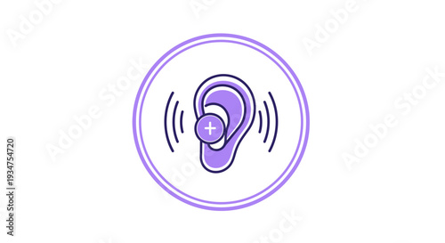 Illustration Of Ear Adding Sound Waves, Plus Sign In Circular Purple Frame