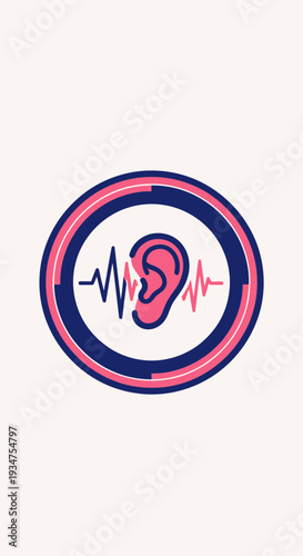 Illustration Of Ear Symbol Depicting Sound Waves within a Circular Emblem for Hearing Aid Concepts