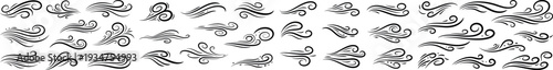 Hand drawn wind gust vector line art set featuring swirling air currents abstract curly breezes and decorative flourish elements for weather icons magical background designs and typography ornaments