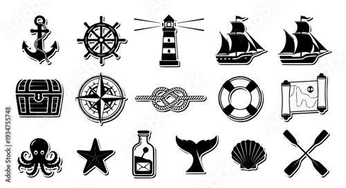 Nautical Adventure Sticker Set Black Vector Marine Sailing Icons Collection