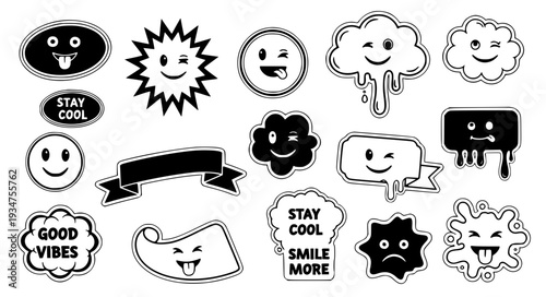 Retro Smiley Sticker Shapes Black Comic Label Bundle with Funny Quote Patches